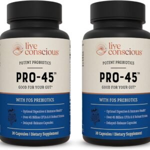 Live Conscious PRO45: Probiotic Formula, 45 Billion CFU, 11 Comprehensive strains. Dairy Free. Delayed Release Veggie caps. Promotes Immune and Digestive Health. 60 Capsules (2-Pack)